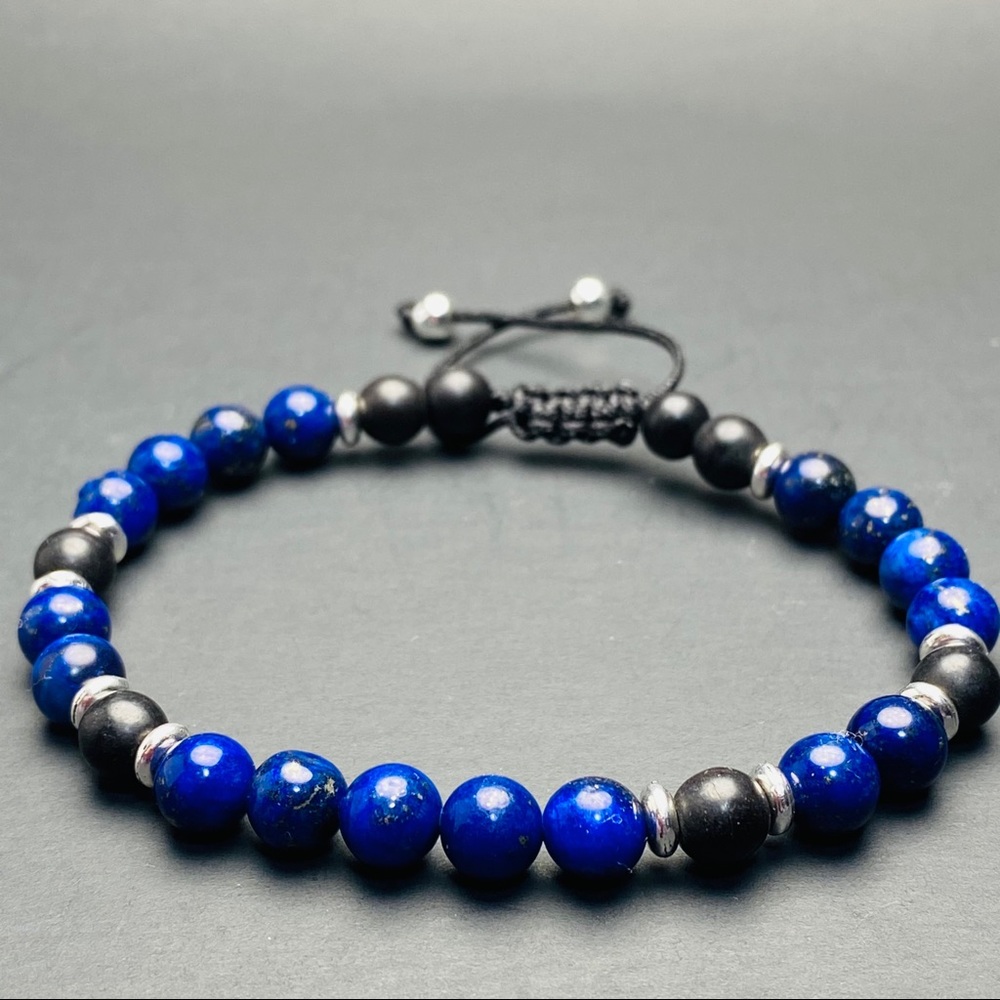 Men Lapis and Onyx Beaded Adjustable Bracelet